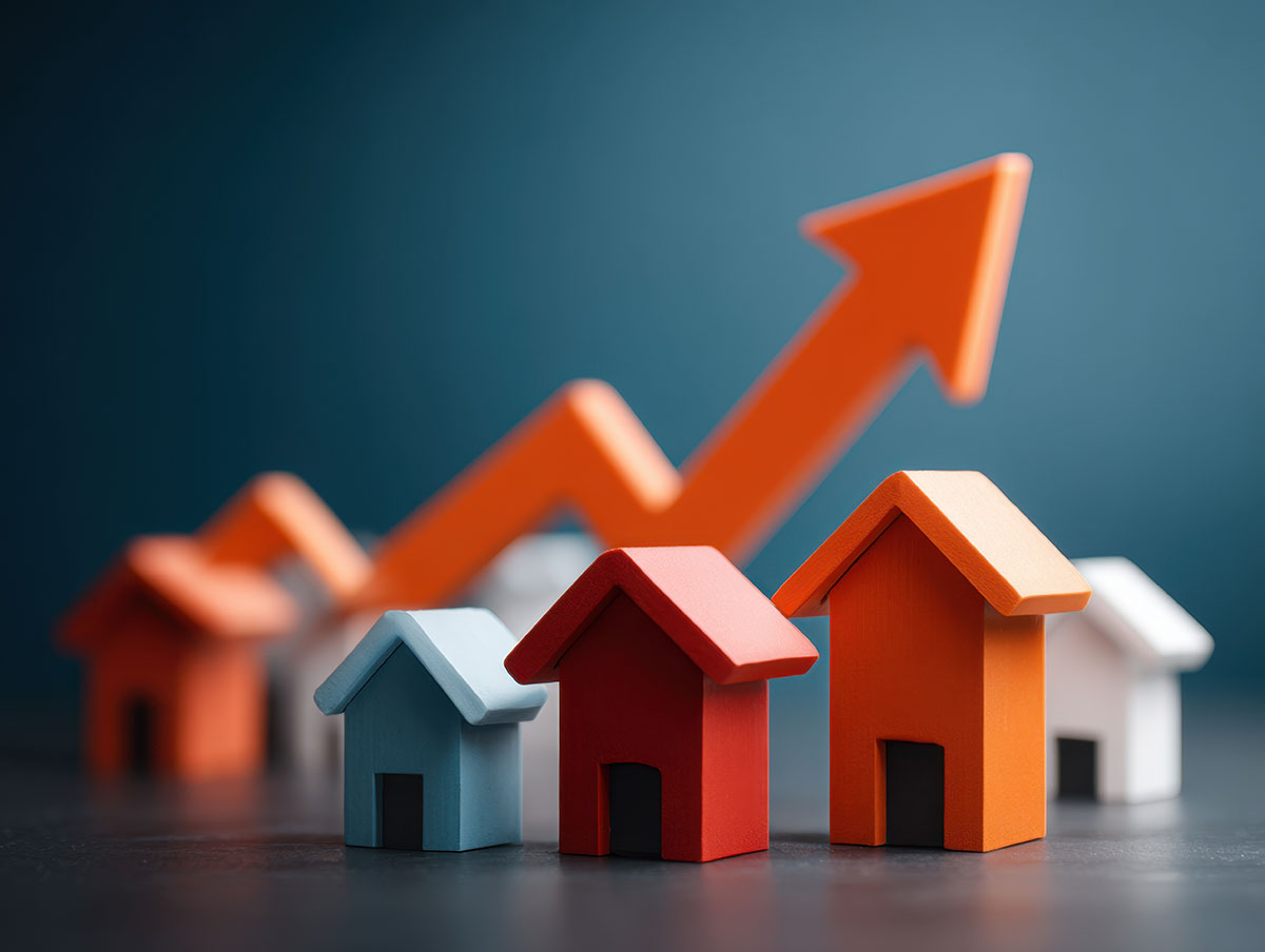wooden house blocks and rising arrow